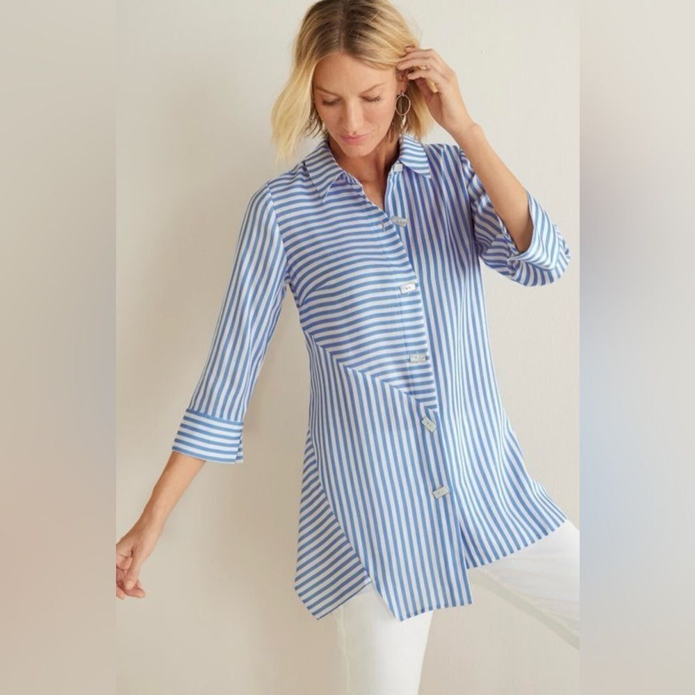 Soft Surroundings 1X On Pointe Palace Blue White Striped Button Details Tunic